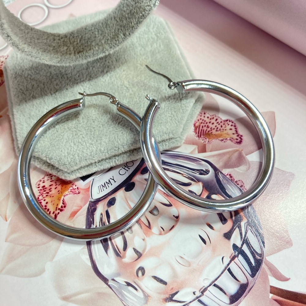 Stainless Steel Big Silver Hoop Earrings - Picture 2 of 3
